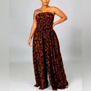 Casual Animal Print Off the Shoulder Strapless Wide Leg Jumpsuit